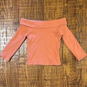 Coral Ribbed Off-the-Shoulder Top | Adjustable Neckline Long Sleeve Soft Girl